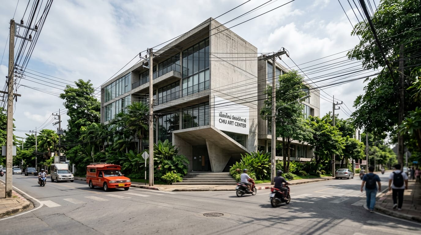 The concrete and glass facade of the Chiang Mai University Art Centre at the corner of Nimmanhaemin and Suthep Road