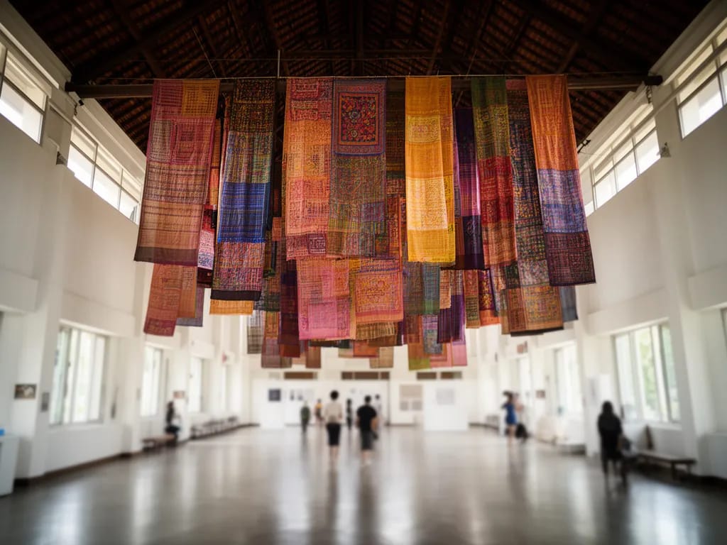 Large-scale textile installation by a contemporary northern Thai artist hanging from the ceiling of the main hall