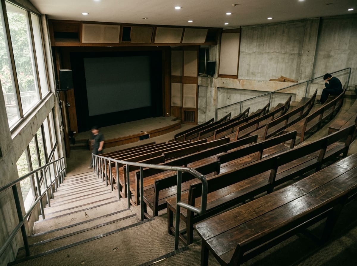 Lecture and screening room with raked seating used for artist talks and film events
