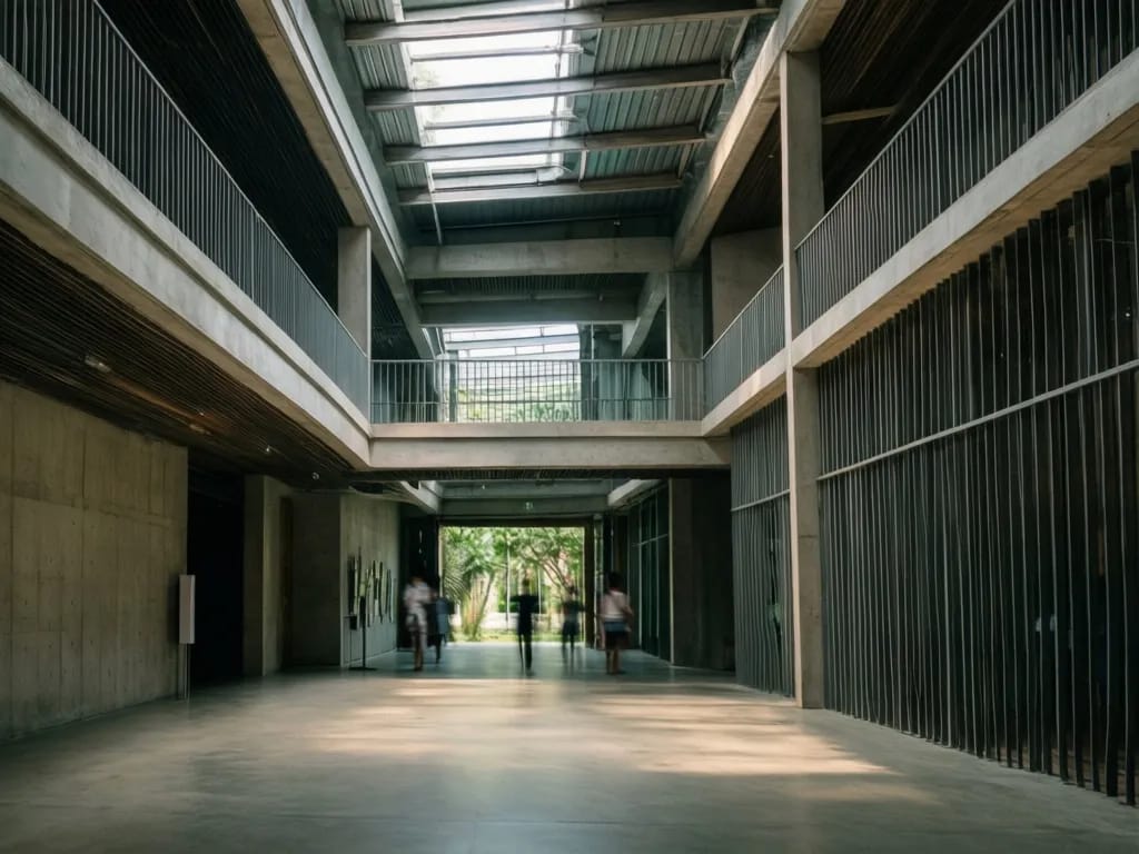 The double-height main exhibition hall with concrete walls and natural overhead lighting