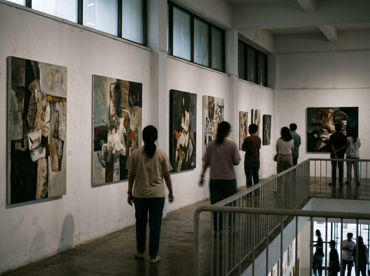 Faculty graduation show in the upper gallery showing painting and mixed-media work