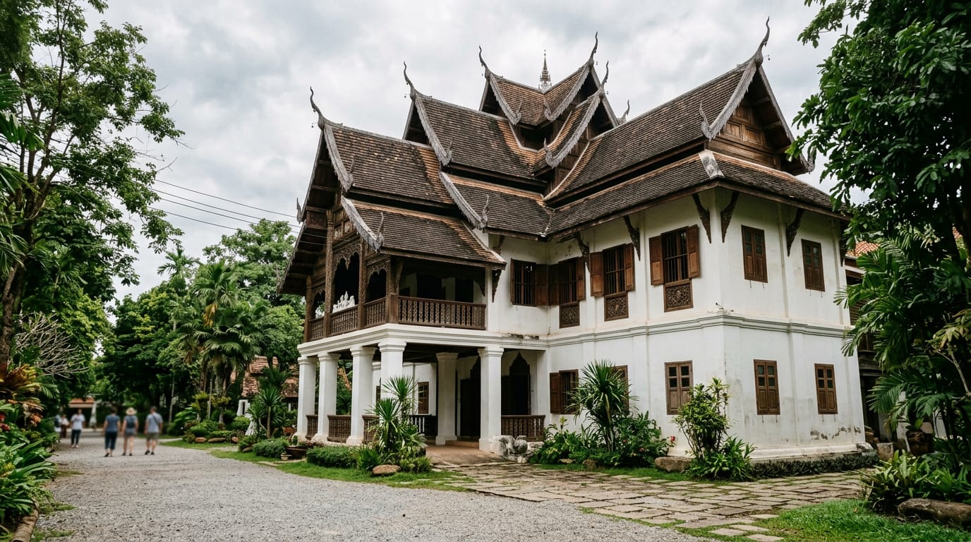 The two-storey Lanna-influenced facade of the Chiang Mai National Museum with its tiered roofline and white pillars