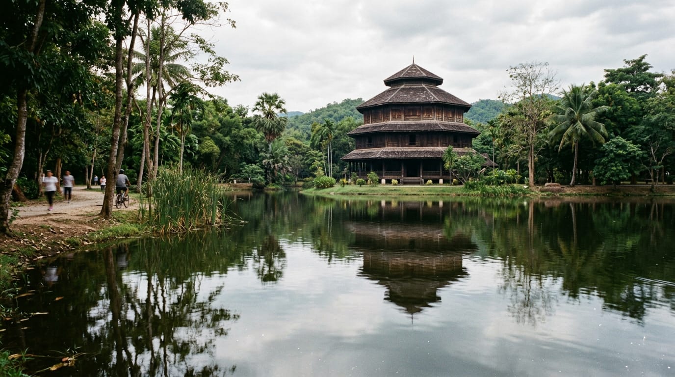 The three-storey hexagonal Tribal Museum building reflected in the lake at Rajamangala Lanna Park