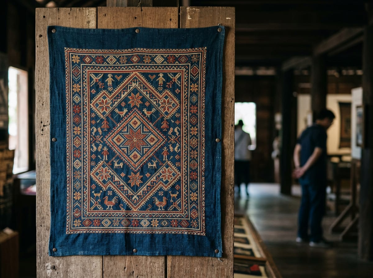 Mien embroidered trouser panel in cross-stitch on indigo cotton, mounted on a vertical board