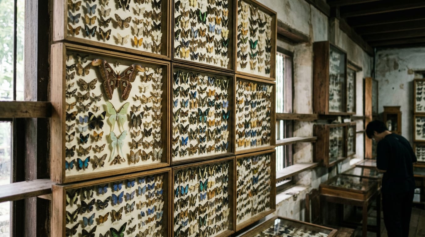 Wall of pinned butterflies and moths arranged in tight rows on the ground floor of the Museum of World Insects