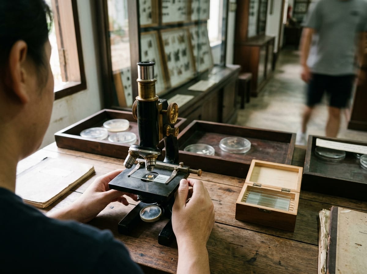 Visitor microscope station with prepared slides of mosquito mouthparts on the first floor