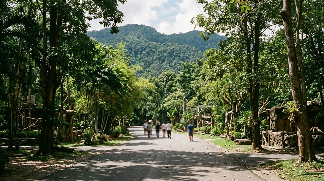 Tree-lined main avenue inside Chiang Mai Zoo with the wooded slopes of Doi Suthep behind
