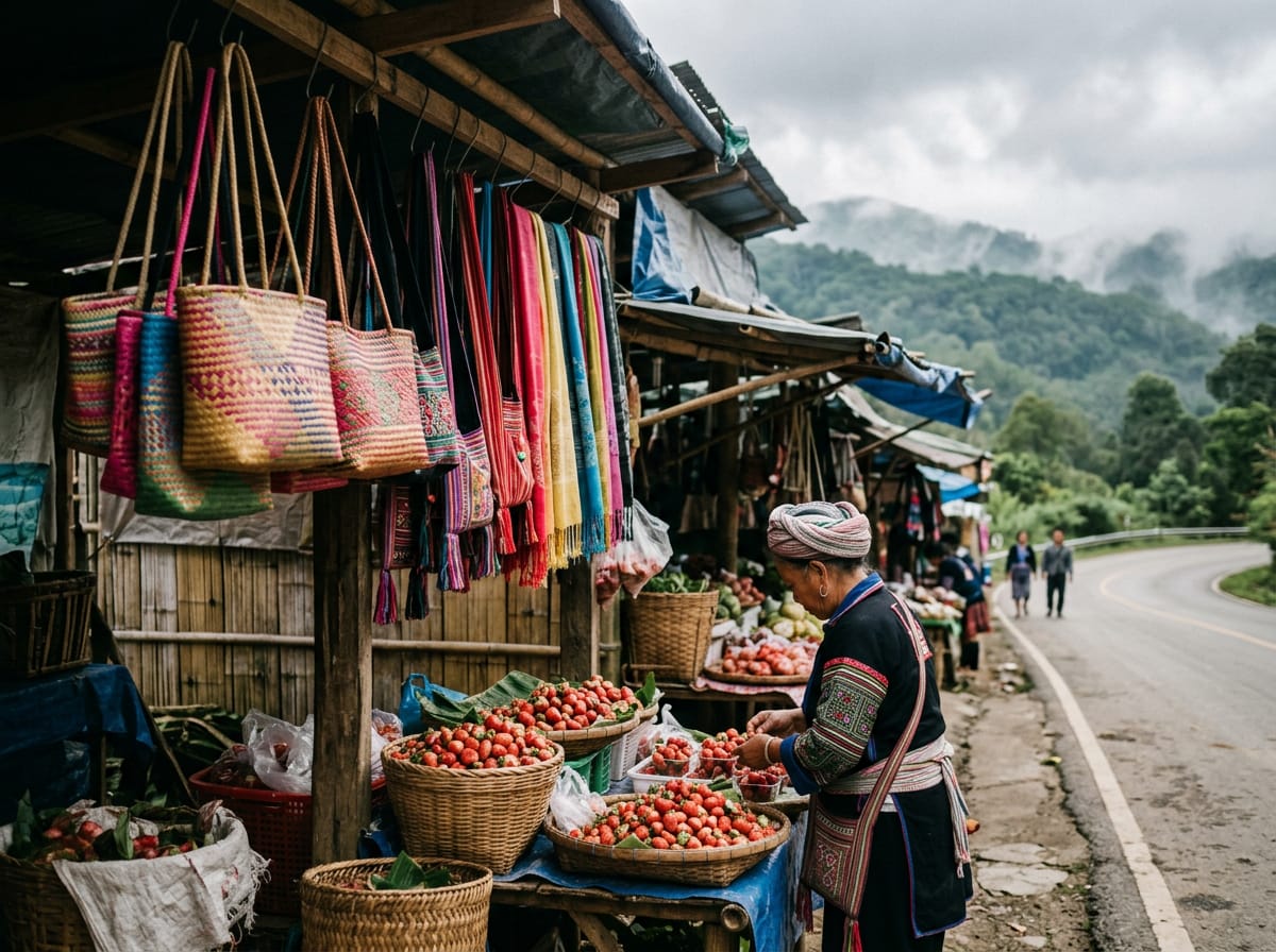 Hmong roadside market on Doi Inthanon selling fresh strawberries and woven bags