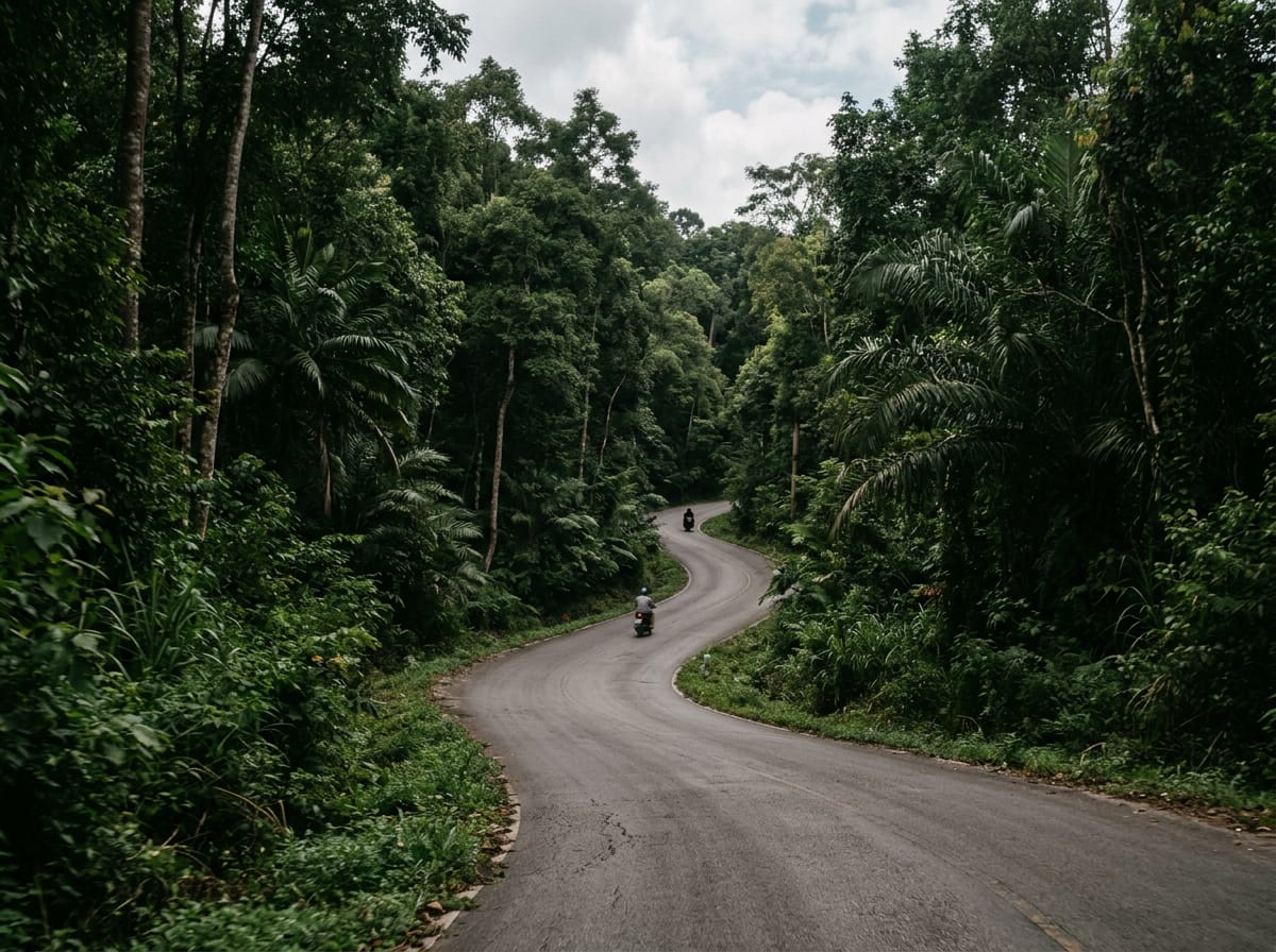 Forest road winding up Doi Suthep through evergreen broadleaf forest