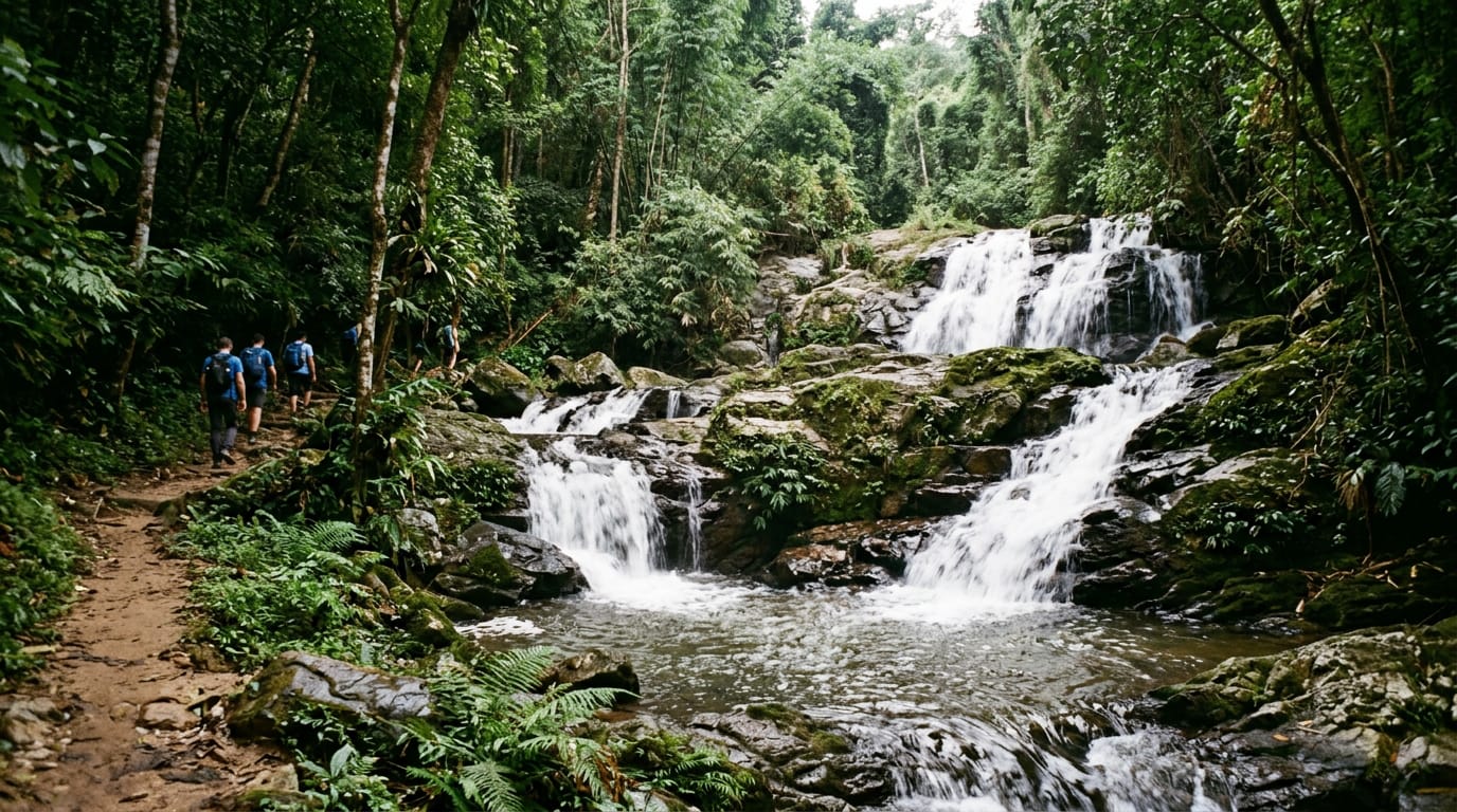 Tiered cascades of Mae Sa waterfall surrounded by evergreen forest