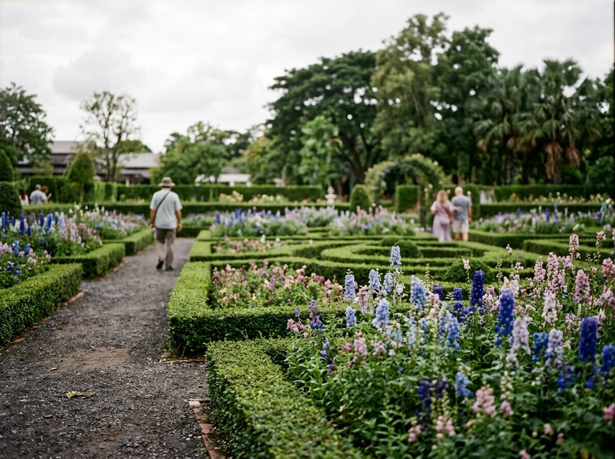 Formal English garden with topiary and herbaceous borders at Royal Flora