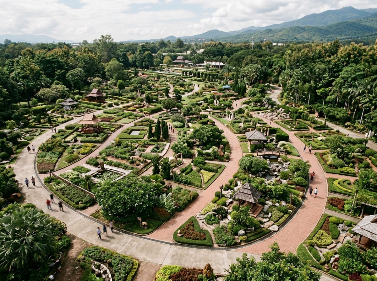 Aerial-style view of the provincial garden zone with each Thai province having its own themed plot