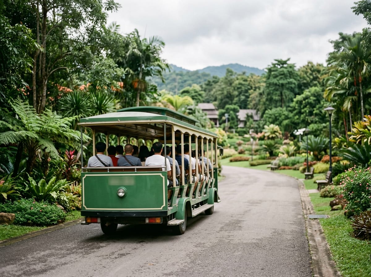 Open-sided electric tram running through the avenues of Royal Flora Ratchaphruek