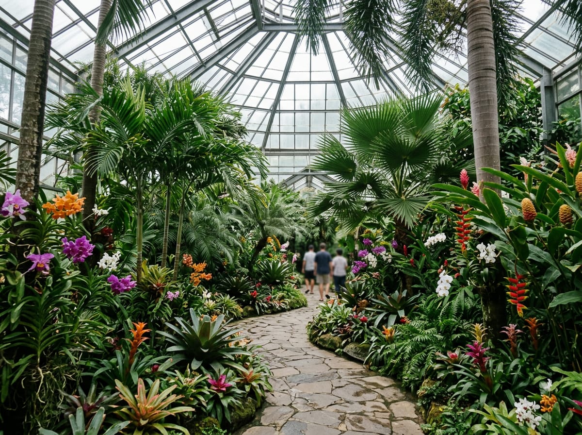 Tropical Garden glasshouse interior at Royal Flora with palms and flowering tropicals