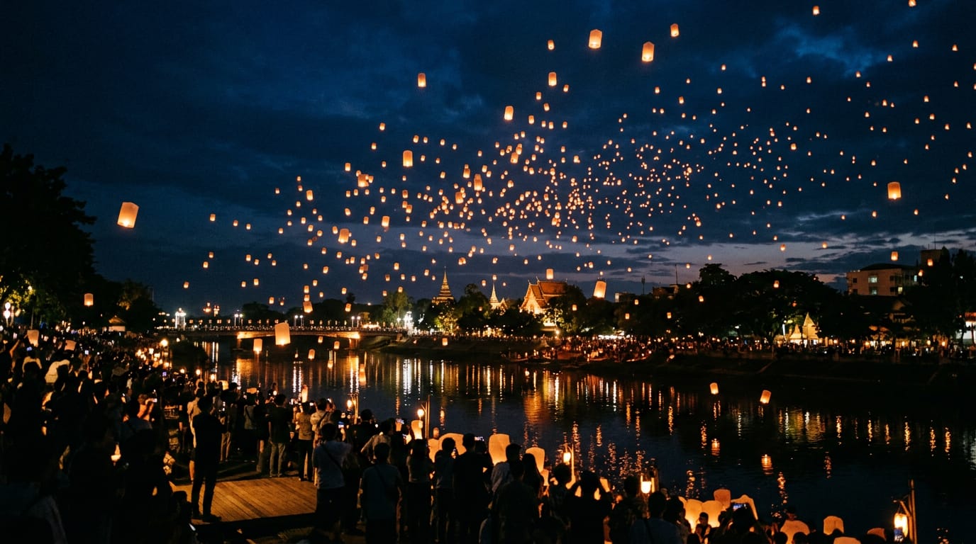 Sky lanterns drifting upward at Yi Peng