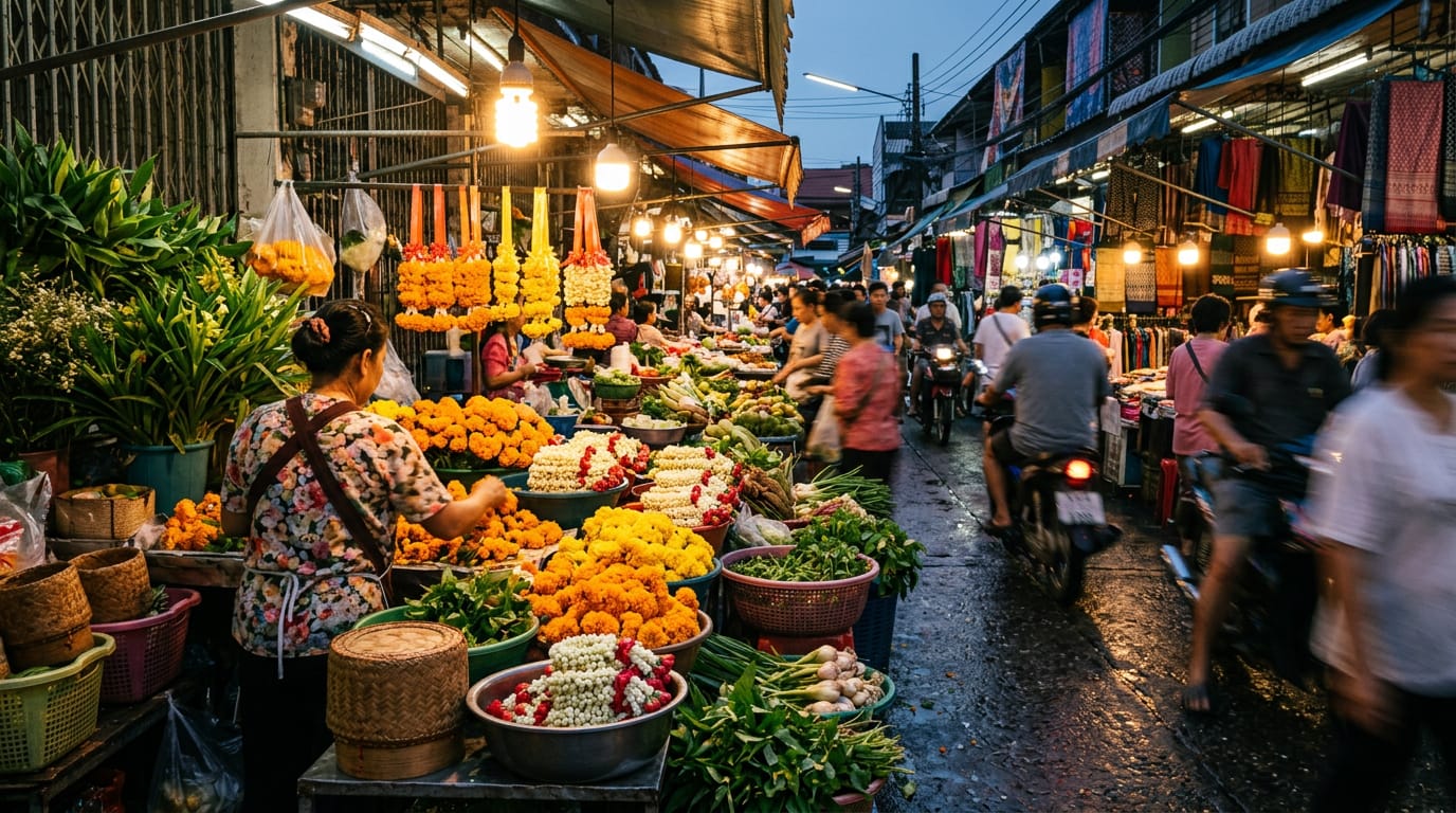 Bright orange marigold garlands at a Chiang Mai flower market