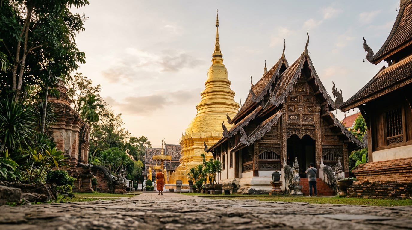 Gilded chedi of a Lanna temple at golden hour