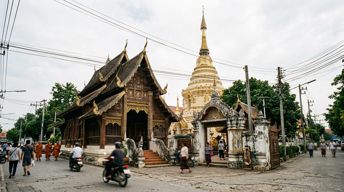 Façade of Wat Bup Pha Ram on Tha Pae Road with the teak viharn on the left and Burmese-style chedi rising behind