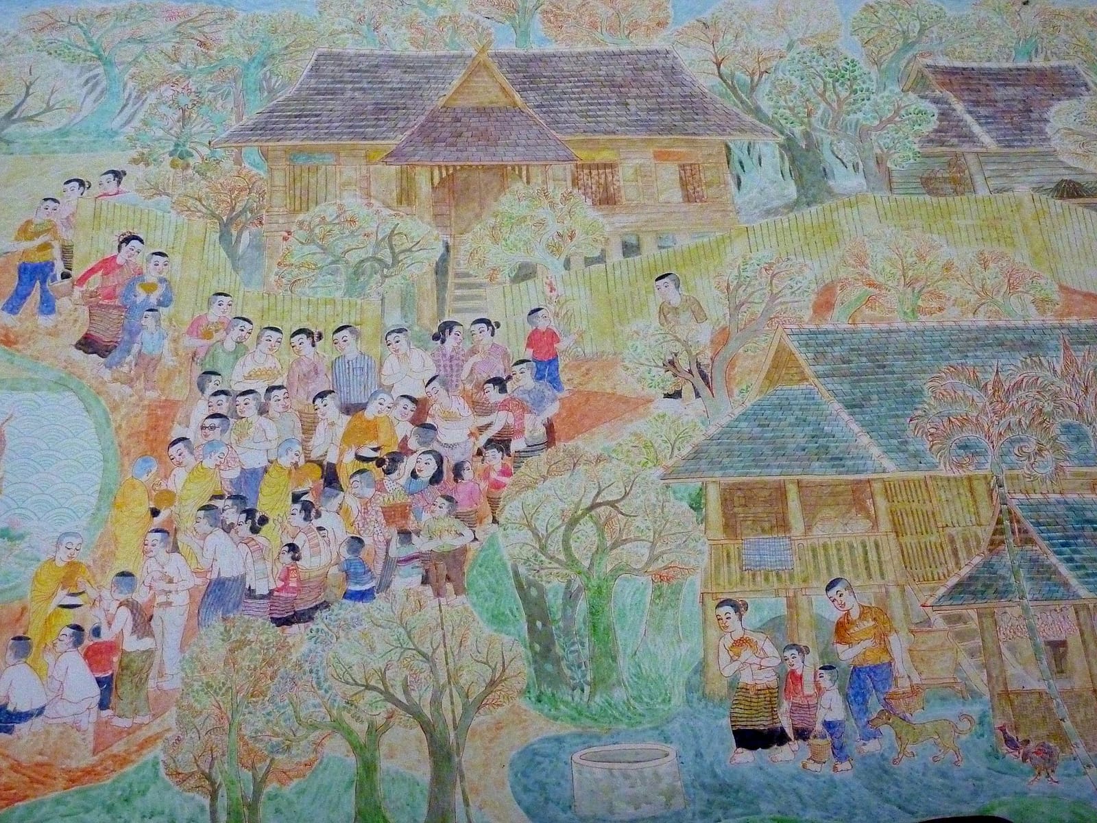 Mural at Wat Bup Pha Ram showing scenes of Lanna village life, with monks receiving alms among village houses