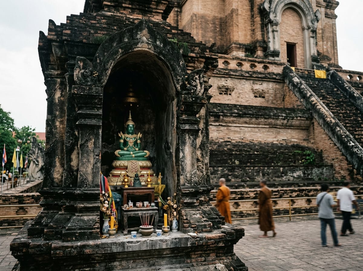The jade replica of the Emerald Buddha placed inside the eastern niche of the chedi during the 1990s restoration