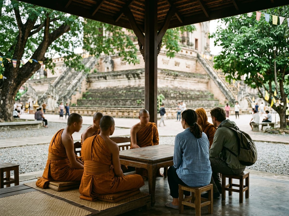 Novice monks seated with foreign visitors in the monk-chat pavilion under the shade of large rain trees