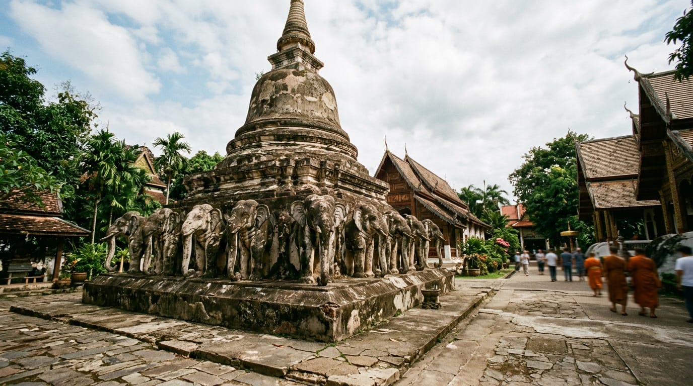 The Chedi Chang Lom at Wat Chiang Man with fifteen stucco elephants supporting the bell-shaped stupa