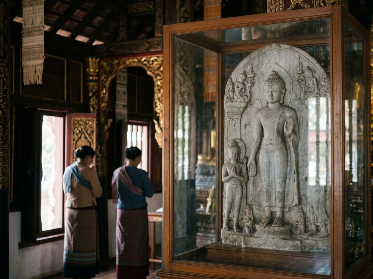 The Phra Sila marble relief in its glass case inside the smaller viharn