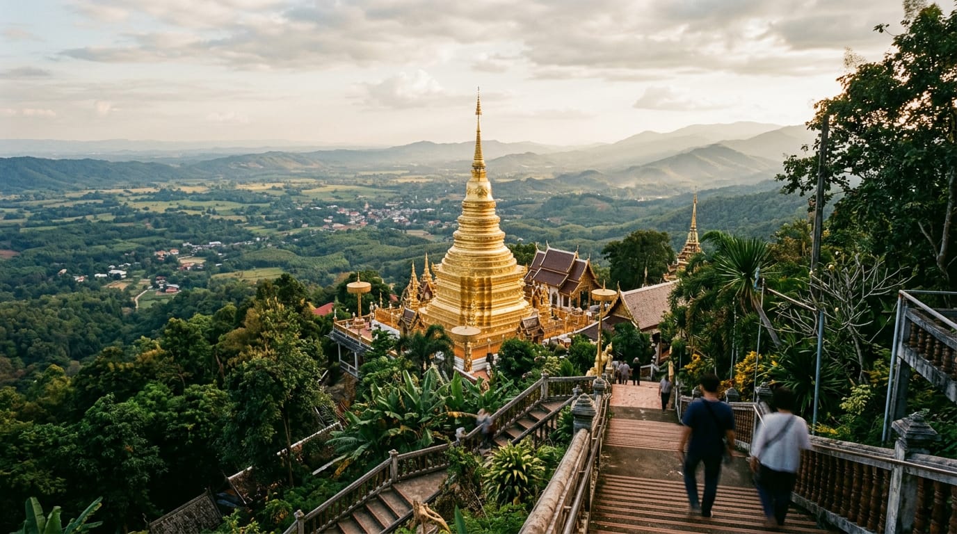 View of the gilded chedi of Wat Doi Saket from the top of the 300-step staircase, with the Doi Saket valley behind