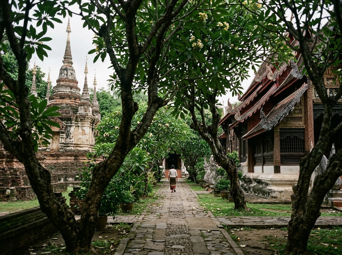 Shaded garden path between the chedi and the main viharn, lined with frangipani trees