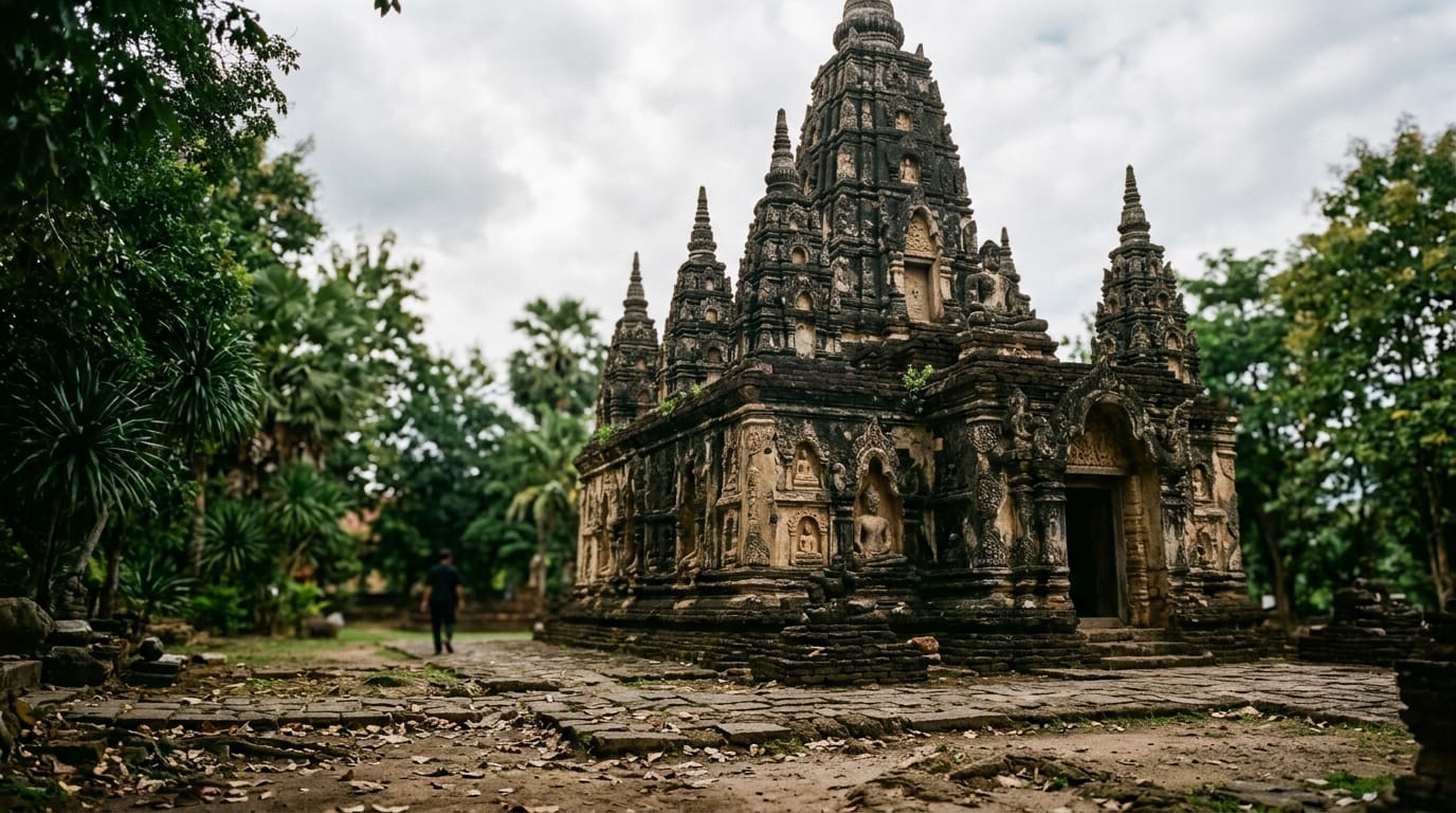 The seven-spired chedi of Wat Jed Yod with its central tower and six smaller spires, modelled on the Mahabodhi