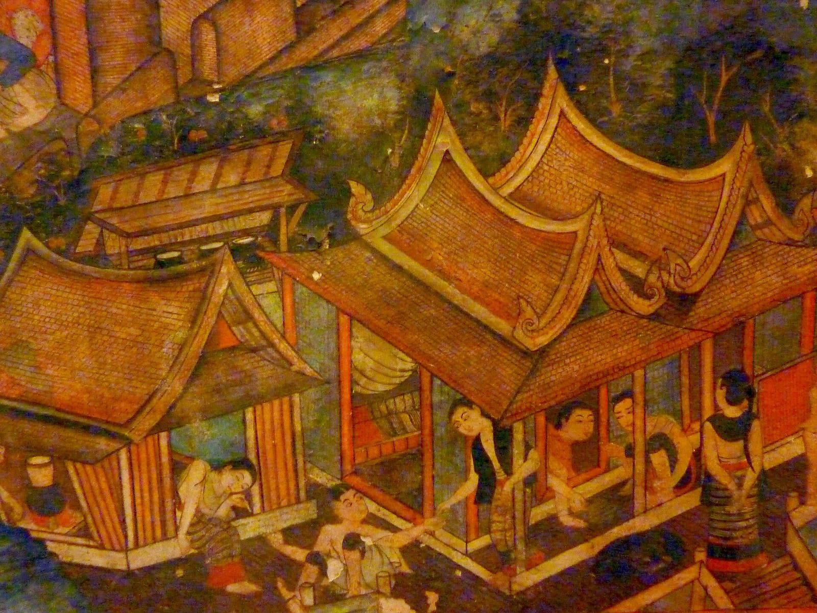 Nineteenth-century murals inside the Lai Kham viharn depicting scenes of daily Lanna village life