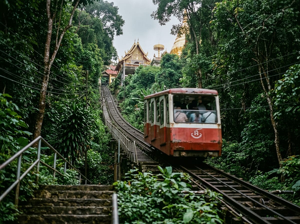 The small funicular cable car ascending through forest to the upper temple platform