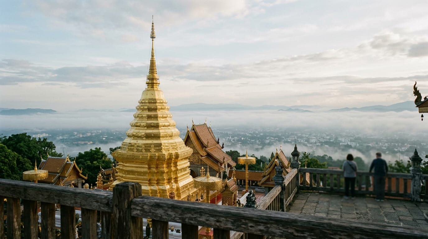 The golden chedi of Wat Phra That Doi Suthep above the morning mist with the Chiang Mai valley visible below