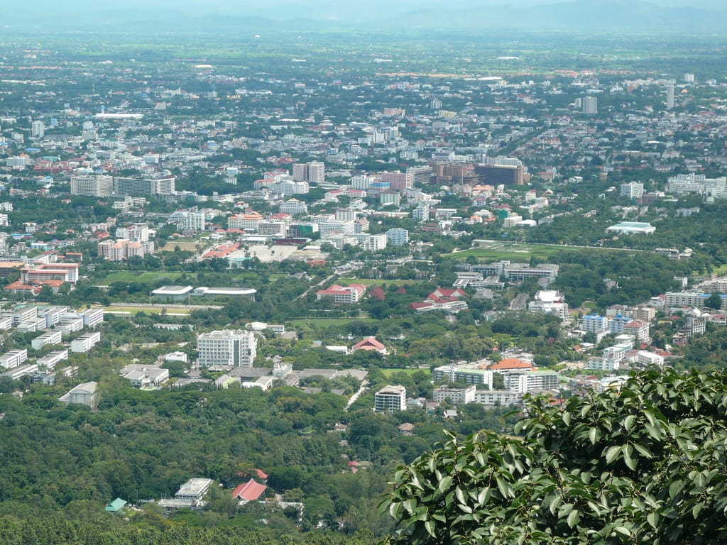View from the temple viewpoint across Chiang Mai city and the Ping Valley