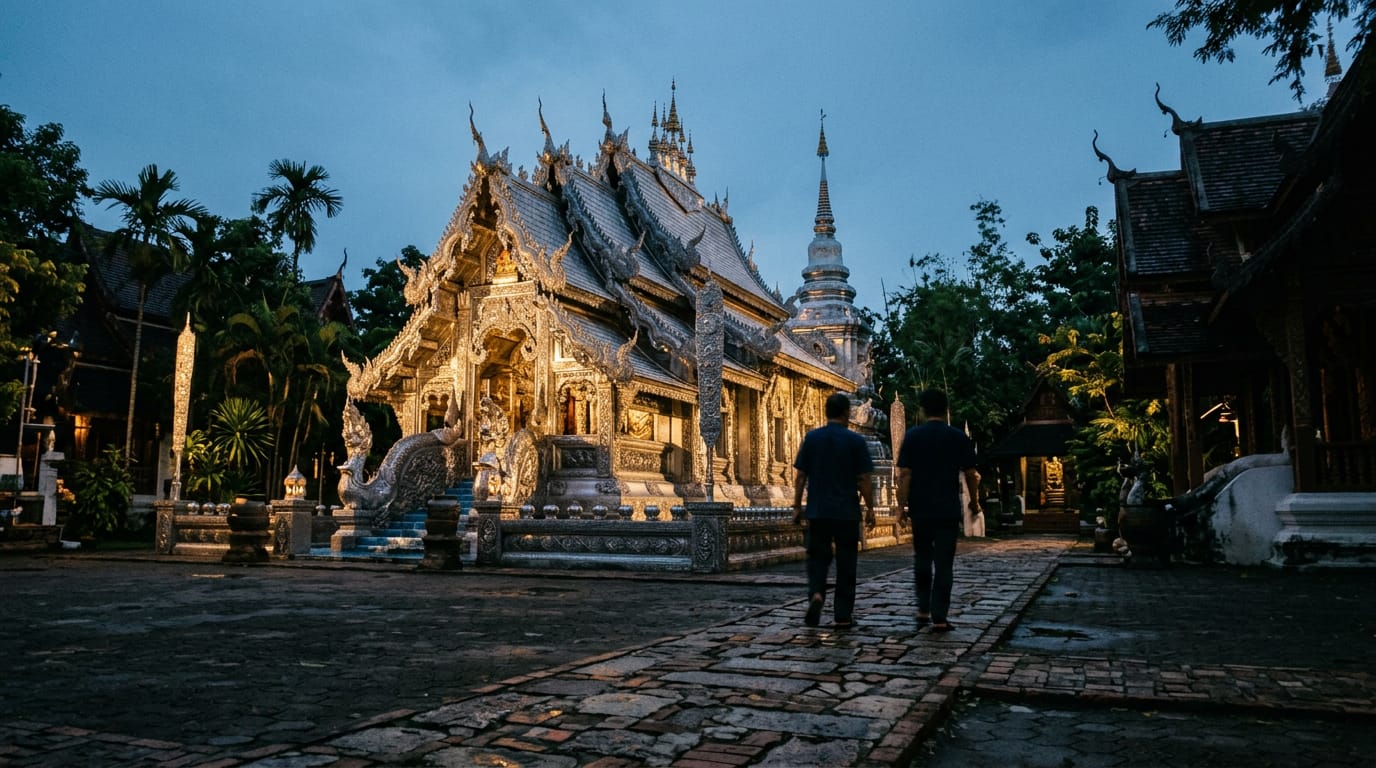The silver ubosot of Wat Sri Suphan at dusk, with the entire exterior shining under uplighting