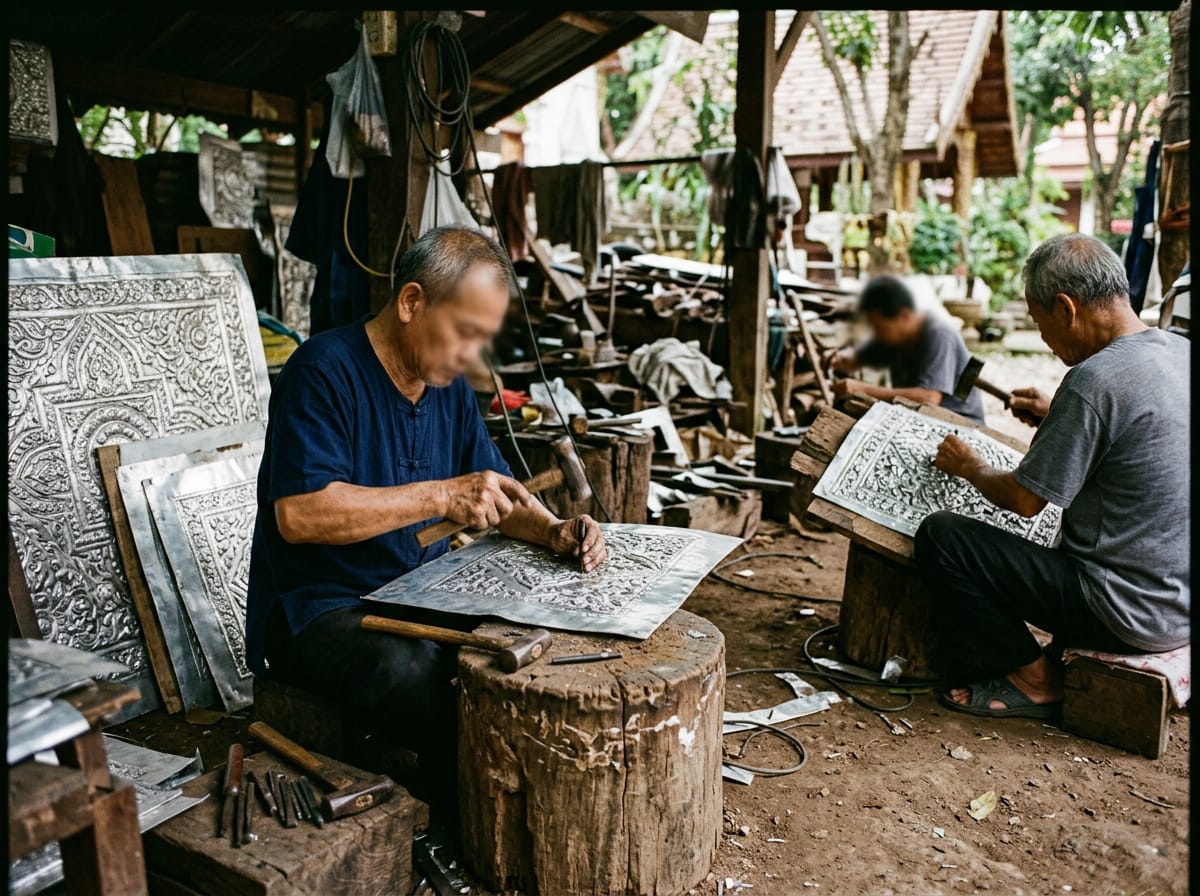 Craftsmen at work in the silversmith school behind the temple, embossing aluminium panels