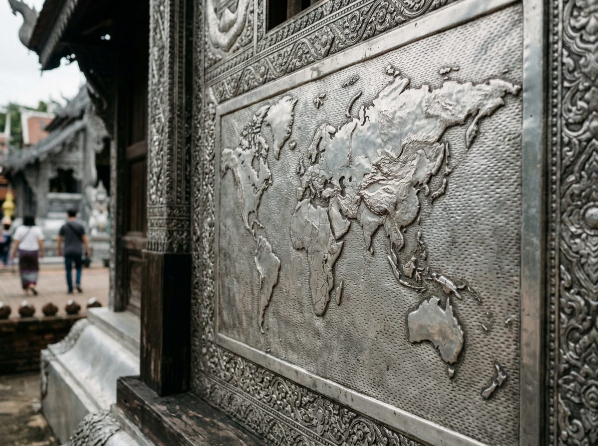 Embossed world map panel on the side of the silver ubosot showing continents in raised silver