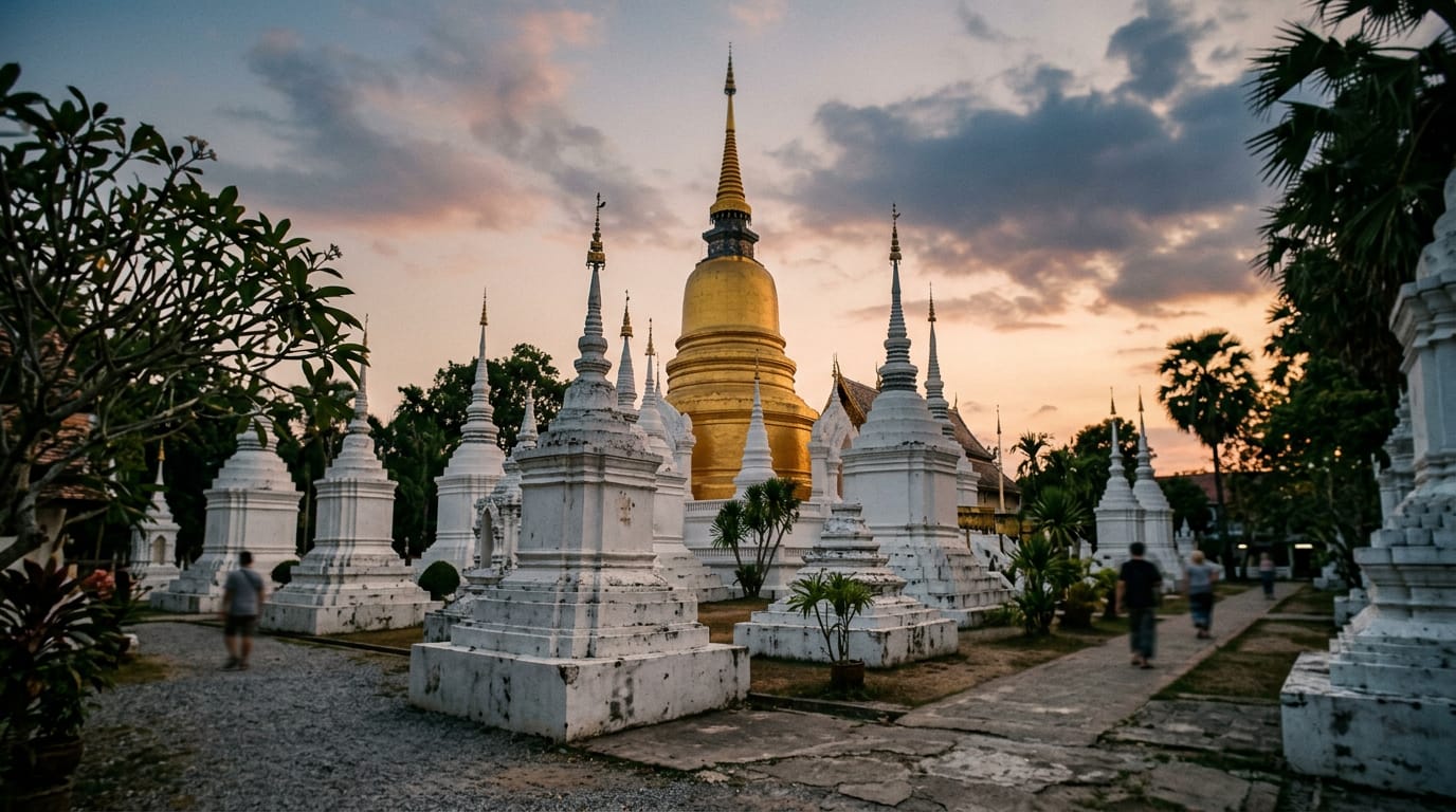 The whitewashed royal chedis of Wat Suan Dok at sunset, with the large central chedi rising behind