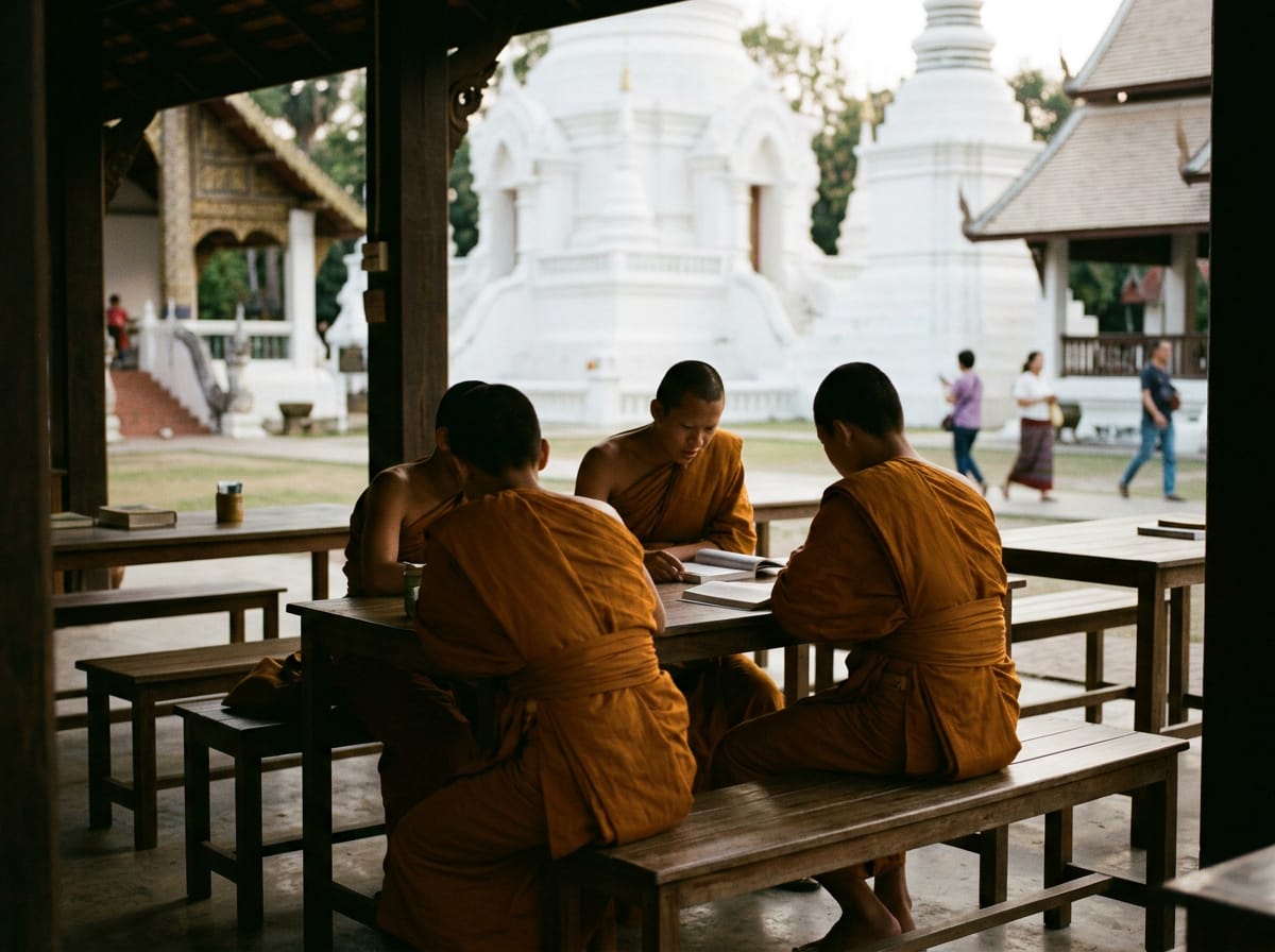 Novice monks seated at the Monk Chat tables on the temple grounds in late afternoon