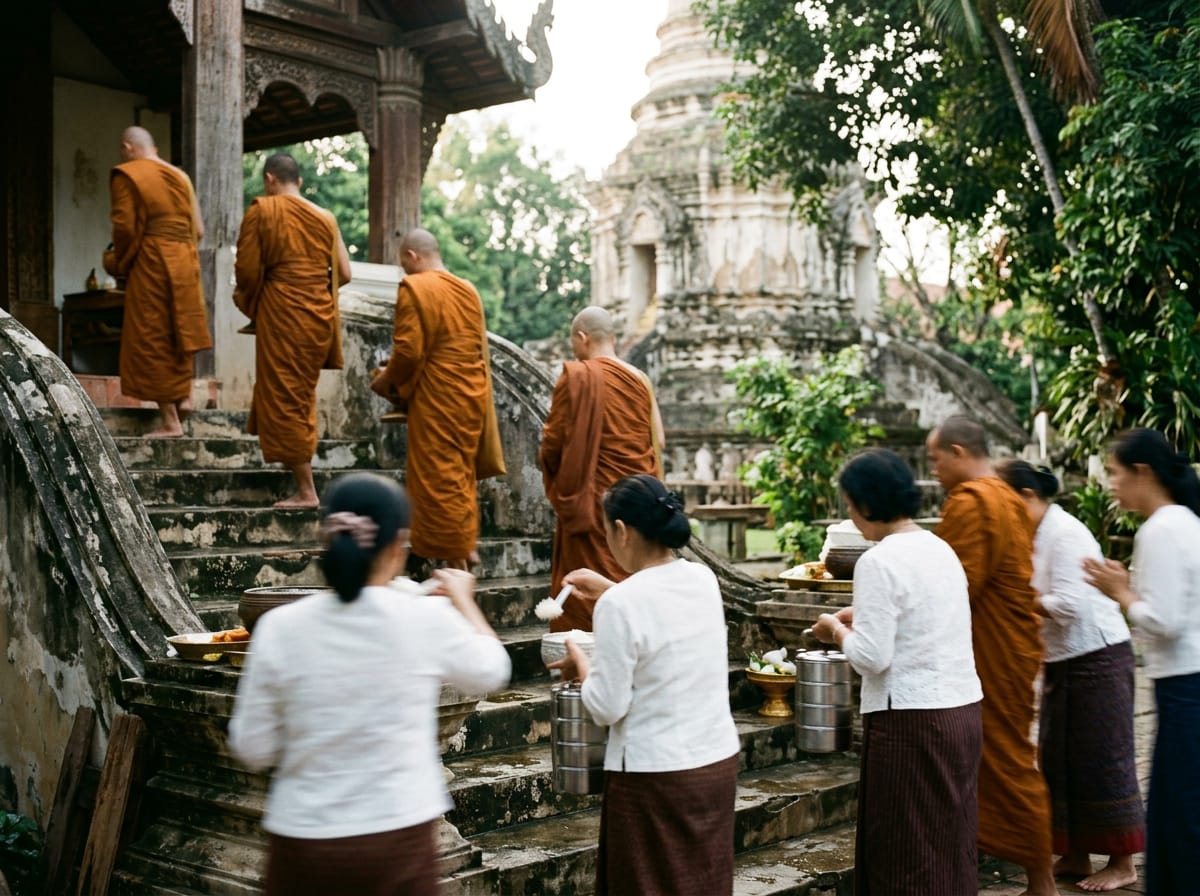 Lay supporters offering rice to monks on the temple steps shortly after dawn