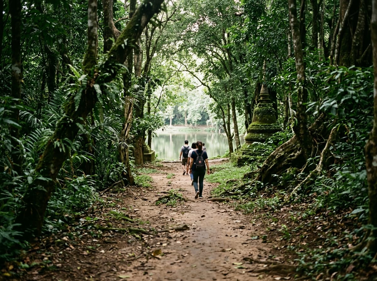 Shaded forest path winding through the temple grounds towards the fish lake