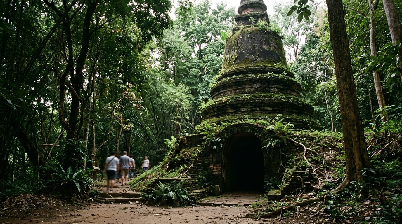 The mossy ancient chedi at Wat Umong rising above the forest floor, with the tunnel entrance in shadow at its base