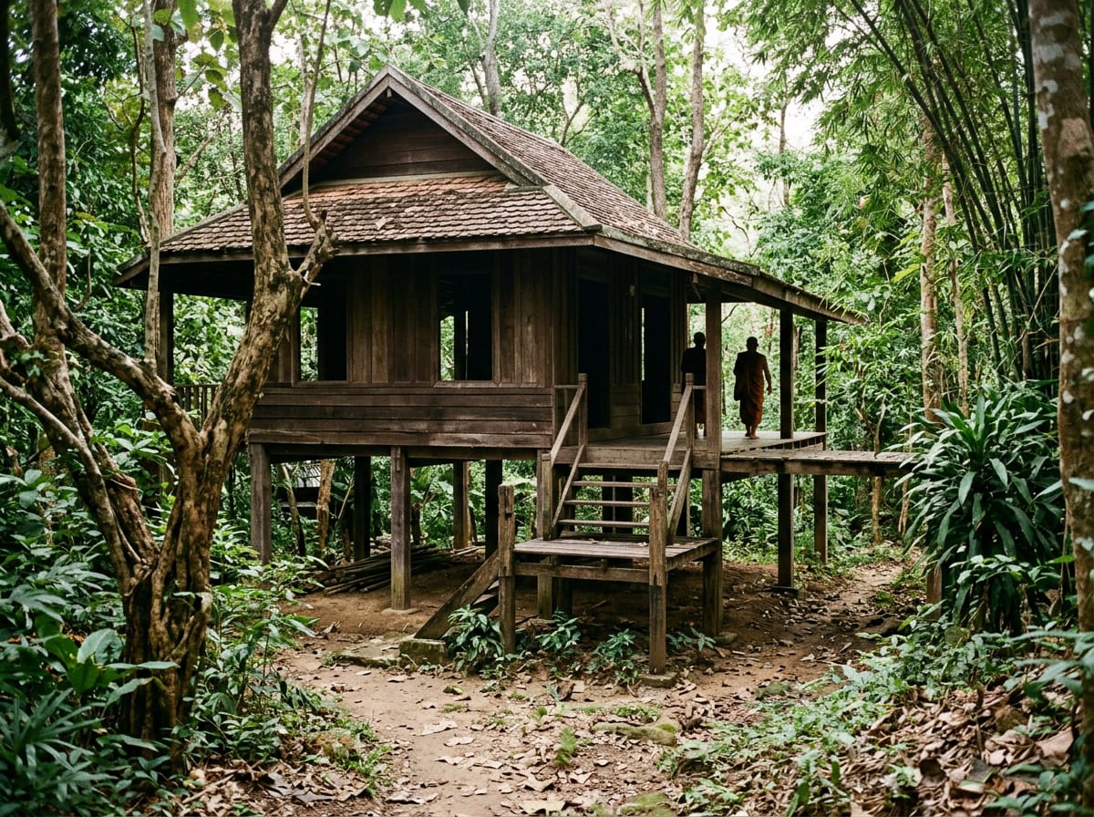 Wooden meditation hall on stilts at the back of the compound used for retreats