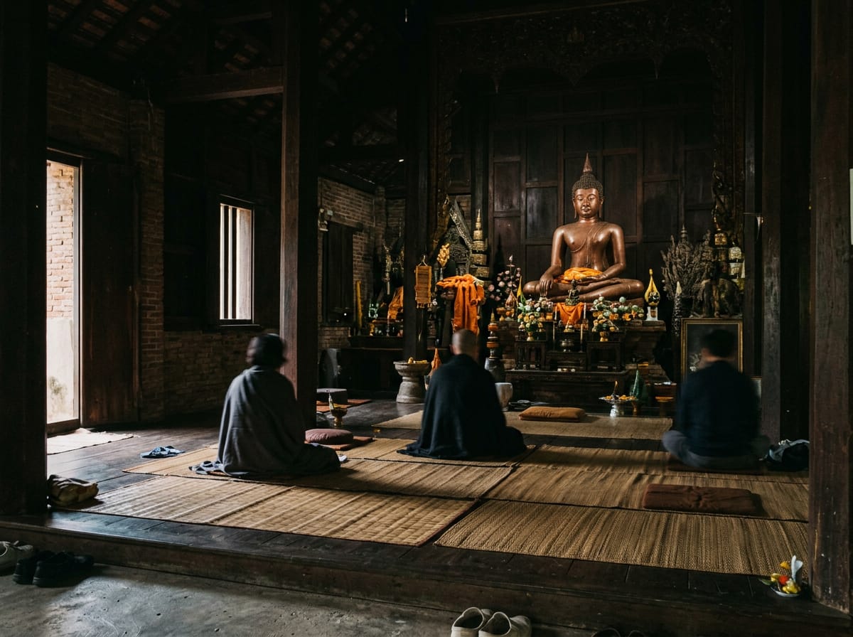 Interior of the small main viharn with seated Buddha image and woven mats for meditators